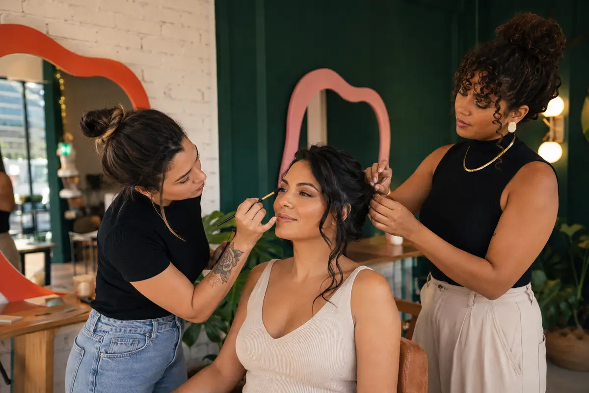 Cliente recebendo maquiagem e penteado no salão Que Beleza