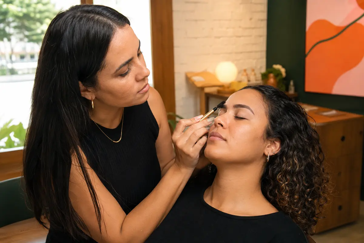 Profissional realizando design de sobrancelhas em uma cliente no Que Beleza